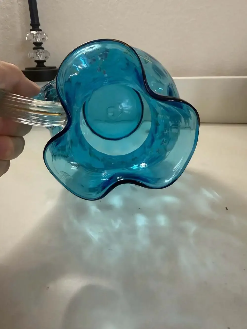 Vintage Hand-Blown Blue Art Glass Pitcher with Hand-Painted Floral Enamel Design